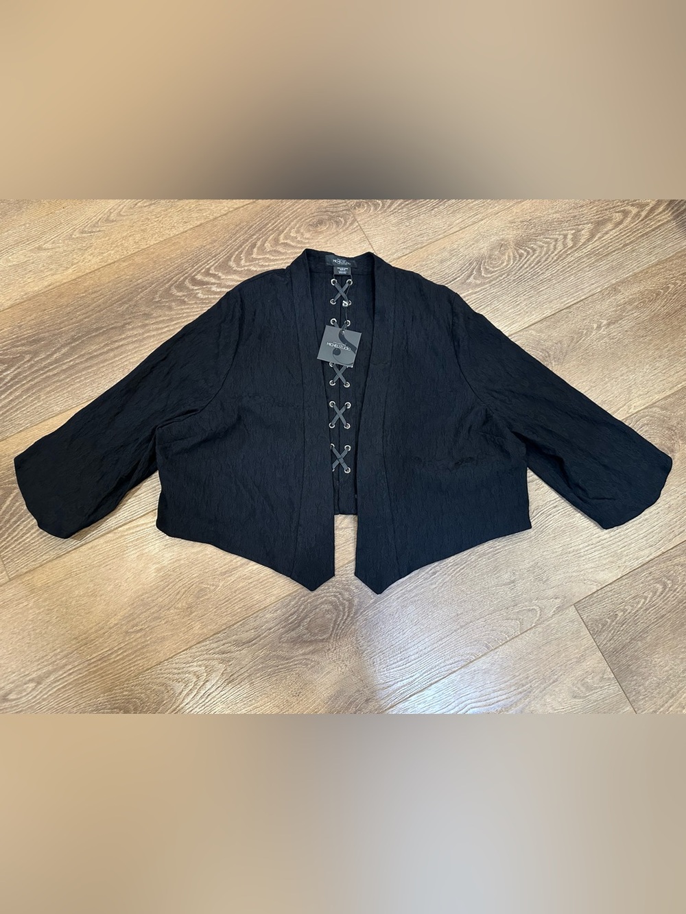 Michel Studio Black Cropped Open-Front Blazer with Lace-Up Detail 24 coquette
